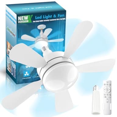 WZZIW 17.7" Socket Fan Light, 3000 Lumens Small Ceiling Fans with Lights and Remote, E26/E27 Light Bulb Fan with Reversible Motor, Dimmable 3000K-6500K Light Socket Fan for Bedroom Kitchen Garage