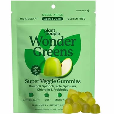 Plant People WonderGreens Veggie Gummies Super Greens with Probiotics Multivitamin Support Gummy for Wellbeing, Energy, Immune and Gut Health, Green Apple Flavor (60 Count)