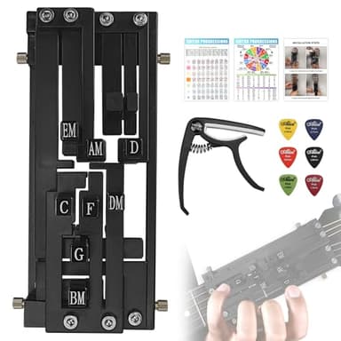FormiPow Guitar Chord Presser, Beginner Guitar Learning Tool with 11 Chords, Capo & Picks, Easy-to-Use Chord Helper for Acoustic Guitars (38"-41"), Gift for Beginners (Black)