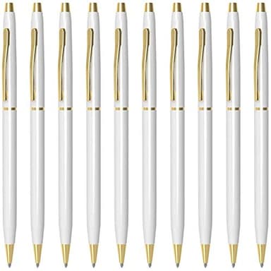 Cambond Slim Ballpoint Pens Bulk - Black Ink 1.0mm Medium Point Retractable Metal Pen for Police Uniform, Flight Attendant & Office, 10 Pack (White)