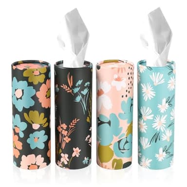 Wuyaoyao 4PCS Car Tissue Holder, Car Travel Kleenex Holder with Facial Tissues, Cylinder Tissue Boxes for Car Cup Holder, Refill Car Tissue Box Round Container, Universal Car Accessories