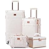 urecity Vintage Luggage Sets of 3 Piece - Hardside Lightweight Spinner Suitcases - Retro Travel Set includes Under Seat Train Case, Cosmetic Train Case, Rose White