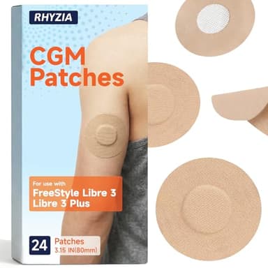RHYZIA Freestyle Libre 3/Libre 3 Plus Sensor Covers, 24-Pack CGM Adhesive Patches, Up to 15 Days of Wear, Breathable Waterproof Latex-Free, Pre-Cut Backing, Non-Adhesive Center, Low-Profile Fit(Nude)