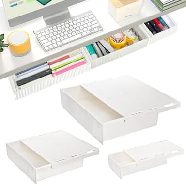 YOUEON 3 Pack Under Desk Drawer Slide Out, Self-Adhesive Under Table Drawer, Hidden Attachable Under Desk Storage Drawers, Stick on Drawers for Office, Home, School, White