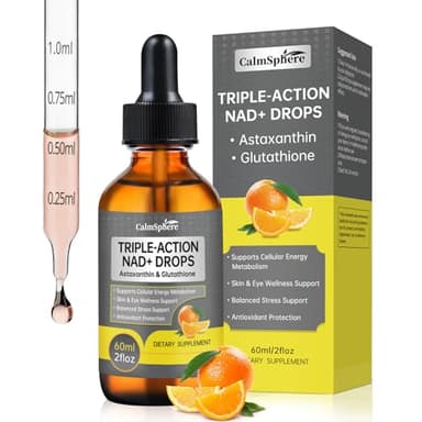 Liposomal Triple-Action NAD+ Complex Liquid Drops with Astaxanthin & Glutathione, 600mg NR for Cellular Energy, Skin & Eye Wellness, Antioxidant Defense,Natural Citrus Flavor,Vegan,GMP Certified 60ml,