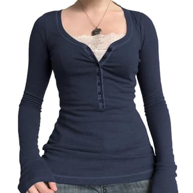 Fairy Grunge Shirt for Women Y2K Lace Patchwork Long Sleeve Henley Top Coquette Aesthetic Cute Shirts for Teen Girls (Navy Blue, S)