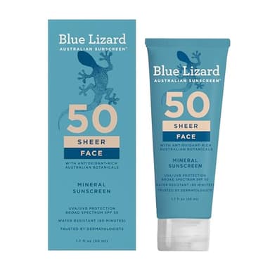 Blue Lizard Sheer Face Mineral SPF 50 Sunscreen Lotion, 100% Mineral Formula, Blue Light Protection, Lightweight, No White Cast, Nourishes and Hydrates, Paraben-Free, Fragrance-Free, 1.7 fl oz