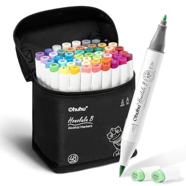 Ohuhu Alcohol Markers Brush and Fine Tip - 48-Color Alcohol-based Art Sketch Marker Set for Artist Adults Coloring Illustration - Brush and Fine Dual Tips- Honolulu B - Refillable - AP Certificated