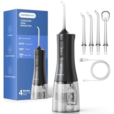 Operan 300ml Cordless Water Dental Flosser, Portable Water Flossers for Teeth, 4 Pulse Modes IPX7 Waterproof Oral Irrigator with 4 Tips, 21 Days Runtime for Travel, Home, Braces, Gum Care, Black+1Pack