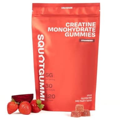 SquatGummi 3rd Party Tested Creatine Gummies 5g per Serving, Creatine Monohydrate, Strength and Recovery, Vegan and Gluten Free, Strawberry, 120 Count (30 Day Supply), Made in USA