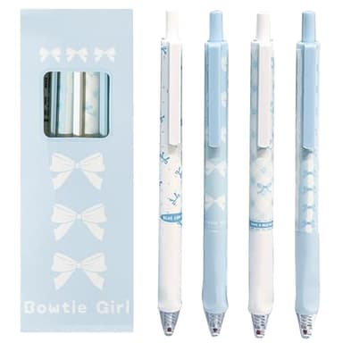 MOZXIRZ 4 Pcs Cute Retractable Pens Bowknot Gel Pens 0.5mm Fine Point Black Ink Smooth Writing Pen Office School Supplies Cartoon Kawaii Blue Pen for Women Girls (Blue)