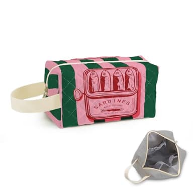 SuoSycorax Canned Sardines Printed Quilted Makeup Pouch for Women - Velvety Polyester Cosmetic Organizer w/Triple Compartments, Travel & Makeup Brush Holder