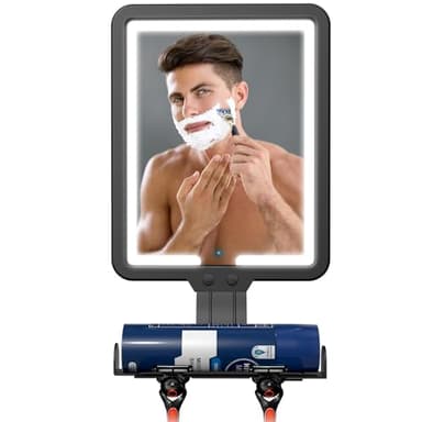 Lighted Shower Mirror Fogless for Shaving, Heated Fog Free Large 9.5*7inch 3 Color Modes Dimming Shower Shaving Mirror with Light, Rechargeable Anti-Fog Shower Mirror with Storage Tray & Razor Holders
