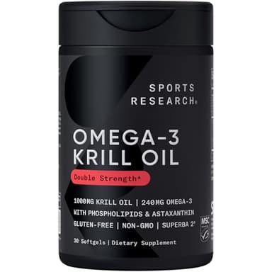 Sports Research® Omega-3 Krill Oil 1000mg (Double Strength) - Pure Antarctic Superba Krill w/Choline, Phospholipids & Astaxanthin - MSC Certified Sustainable · Non-GMO · Gluten Free - 30 Softgels
