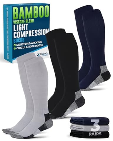 Doctor's Select Light Compression Socks for Men - 3 Pairs, Knee High Comfort and Support, 8-15 mmHg Compression Socks for Men 9-12, Black, Light Gray, Navy