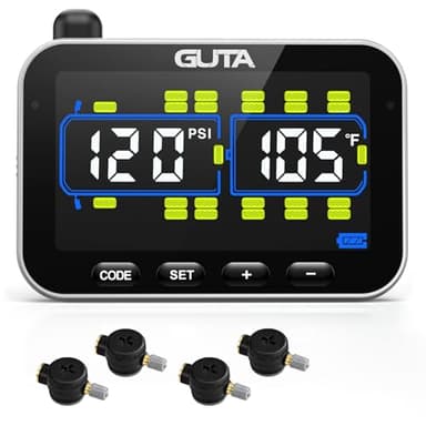GUTA Tire Pressure Monitoring System, RV Trailer TPMS with 4 Flow Thru Sensors & Color LCD Display, 6 Alert Modes, Long-Distance Sensing, for Trailer, Trucks, Motor Home (0-188 PSI)