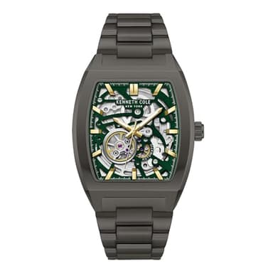 Kenneth Cole New York Men's Automatic Watch – Green Skeleton Dial, Curved Design, Ion-Plated Gun Metal Case, Modern Luxury
