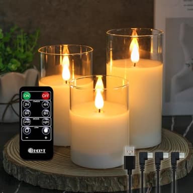 LEDHOLYT Rechargeable Flameless Glass Pillar Candles–Gifts for Women,–Set of 3, Realistic Flickering LED Light,Remote & Timer, Ideal for Living Room, Bedroom & Festival Wedding Home Party Decor