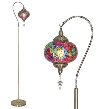 LAMSU Turkish Moroccan Floor Lamp, Swan Neck Tiffany Lamp with Handmade Mosaic Glass Shade, Bronze Base, 65" Tall Standing Lamps for Living Room Bedroom Home Decor Light, Colorful