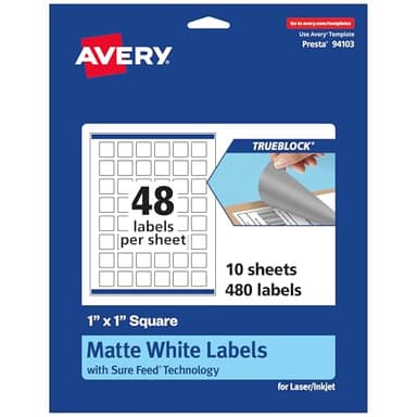Avery TrueBlock Matte White Square Labels, Sure Feed Technology, 1" x 1", 480 Matte White Labels, Print-to-The-Edge, Laser/Inkjet Printable, Great for Product Merchandising Stickers