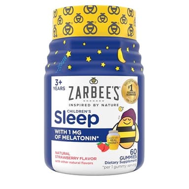 Zarbee's Kids Melatonin Gummies with 1mg Melatonin, Kids Sleep Gummy Works with Natural Sleep Cycles to Promote Peaceful Sleep, Drug-Free, Non-Habit-Forming, Natural Strawberry, 60 ct