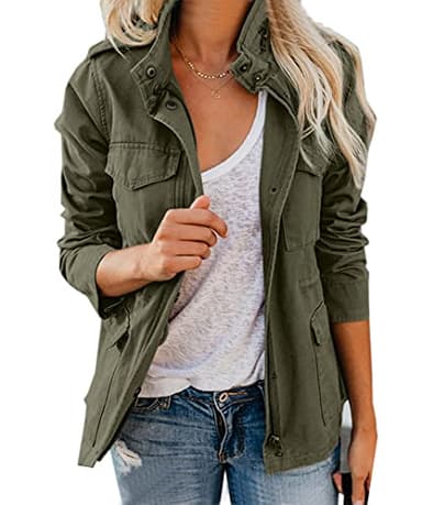 chouyatou Women's Fall Stand Collar Zip Up Military Cotton Utility Safari Jacket (Medium, Army Green)