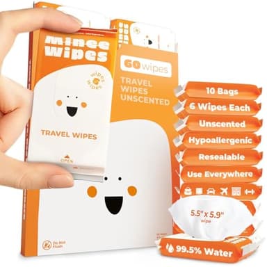 Impossibly Compact Travel Wipes - 99.5% Water - Safe for Sensitive Skin & Hypoallergenic, Resealable, Thick & Durable - For Adults, Kids & Baby Care - Unscented, 10 Pack Total 60 Wipes