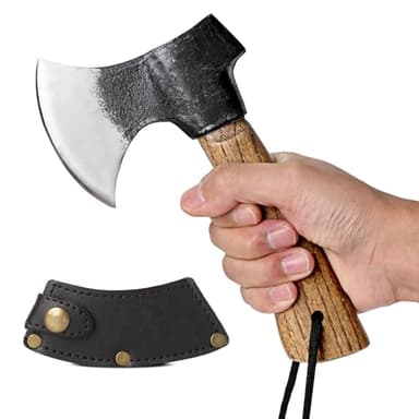 Small Camping Axe with Leather Sheath, 8.46" Backpacking Hatchet with Wooden Handle, Splitting Axe for Jungle, Gardening, Hunting, Survival