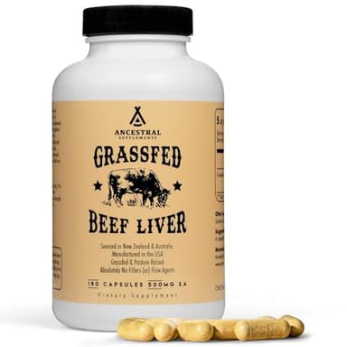Ancestral Supplements Grass Fed Beef Liver 180 Capsules, Supports Energy Production, Detoxification, Digestion, Immunity and Full Body Wellness, Non-GMO, Freeze Dried Liver Health Supplement
