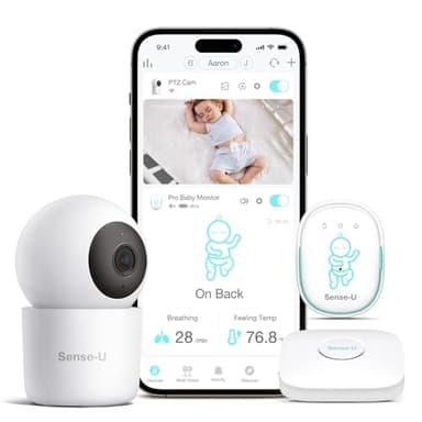 Sense-U Pro Baby Breathing Movement Monitor with 2.5K PTZ Camera: Track Breathing with Gentle Vibration, Sleep Position, Temperature Notifications, 2.5K Video, Background Audio, No Monthly Fee