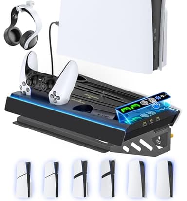 PS5 Wall Mount Kit with Charging Station for Edge & Dual Controller, 9 Light Modes PS5 Cooling Station with 3-Level Fan, PS5 Pro Stand Wall for PS5/Slim/Pro Disc&Digital, PS 5 Accessories Shelf Mount