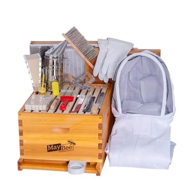 MayBee 10-Frame Beehive Starter Kit, Bee Hive Kit Dipped in 100% Beeswax, Bee Hives Boxes Starter Kit Includes Beekeeping Supplies Tool Kit and Bee Suit