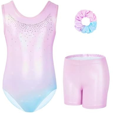 Gogokids Gymnastics Leotards for Girls Sparkly Rhinestone Dance Unitards Biketards with Shorts Activewear, Light Pink, 9-10 Years