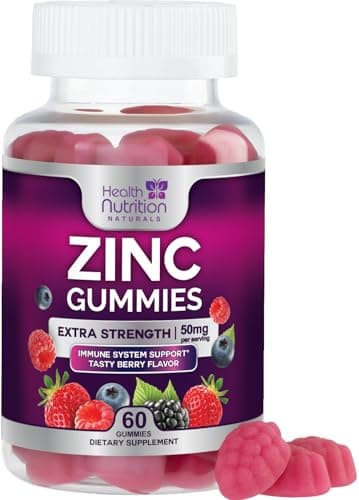 Zinc Gummies 50mg - Extra Strength Skin Health & Immune Support Gummy, Vegan, Non-GMO & Gluten Free - Best Zinc Supplement Antioxidant Heart & Bone Health Chewable Tasty Berry Flavor - 60 Gummies