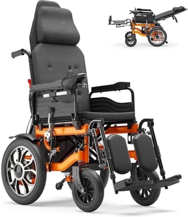 Reclining Electric Wheelchair for Adults, Adjustable 90°-160° Backrest, 16" Aluminum Wheels, 5-Speed Mobility Scooter with USB Charging & LED Light, Detachable Footrest (Orange)