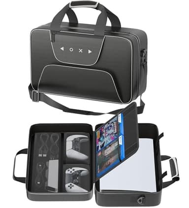 Carrying Case Compatible with PS5/Slim/Pro Disc & Digital, P S5 Travel Case for Play 5 Controllers, PS Portal, Game Discs, PS 5 Protective Travel Bag Play 5 Carry with Zipper Pocket, Black and White