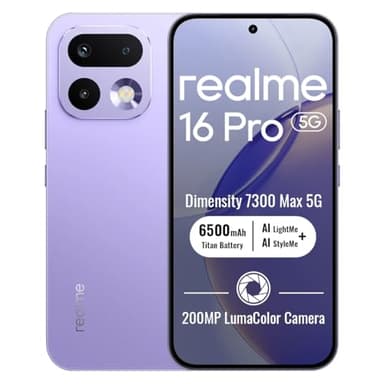 realme 16 Pro 5G Unlocked Smartphone 8+256GB Purple, 144Hz AMOLED Display, 7000mAh Battery, 80W SuperVOOC, 50+200MP Camera, MediaTek Dimensity 7300 Max 5G Chipset, IP69