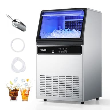 VEVOR Commercial Ice Maker Machine, 130Lbs/24H with 33Lbs Storage, 45 Cubes per Cycle, Stainless Steel Freestanding & Under Counter Ice Maker with LED Display & Self-Cleaning, for Home Bar Restaurant