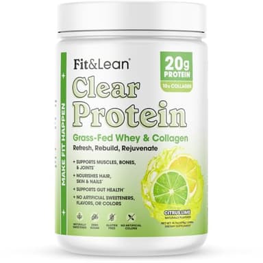 Fit & Lean Clear Protein Powder with Whey Isolate Protein and Collagen, Grass Fed, Muscle Recovery, Skin, Joints, GLP-1 Support, 0g Sugar, Citrus Lime, 20 Servings