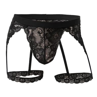 FYMNSI Sexy Mens Lingerie Sheer Floral Lace Pouch Garter Panties Briefs See-through Sissy G-string Thong Underpants Tangas Male Crossdresser Lingerie Underwear Pajamas Sleepwear Nightwear Black M