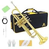 Trumpet Instrument,Band & Orchestra Musical Instruments for Beginners or Advanced Students,With trumpets case, Cleaning kit,Mouthpiece,Cloth and Gloves (Golden)