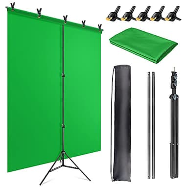 JEBUTU Green Screen Backdrop Kit with Stand, 5X6.5ft Portable Green Screen Backdrop with Stand kit, GreenScreen Background with Stand Carrying Bag Clamp for Streaming Video Zoom