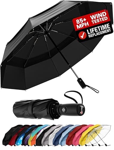 Windproof Travel Umbrella - Compact & Withstands Winds up to 85MPH, Strongest Premium Auto Folding Umbrella for Rain and Sun - Durable, Light & Portable for Women & Men, Fits Backpack & Cars