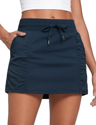 CRZ YOGA Lightweight Ruched Casual Skirts for Women - High Waisted Mini A Line Golf Drawstring Skort with Pockets Ink Blue Medium