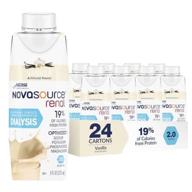 NOVASOURCE Renal Vanilla, Nutritionally Complete Formula for Dialysis Patients, Dialysis Protein Shakes (2.0 kcal/mL),(475 Calories, 22g Protein) 8 Fl Oz, Pack of 24