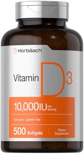 Horbäach Vitamin D3 10000 IU | 500 Softgels | Non-GMO, Gluten Free Supplement | Value Size | 250mcg | High Potency Formula