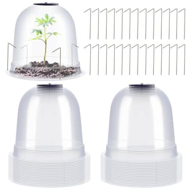 Zopeal 20 Pcs Small Garden Cloche Humidity Plant Dome 7.68" Dia x 6.7" H Reusable Thick Garden Plant Protector Covers Clear Plastic Dome Mini Greenhouses with 80 Securing Pegs for Winter Outdoor Seed