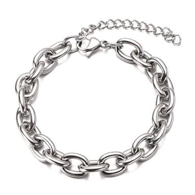 WangGao Stainless Steel Cable Chain Link Chunky Bracelets Wide Cuban Curb Link Bracelet for Women Men and Unisex Adults Adjustable Chain,Silver Color