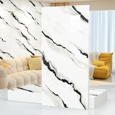 10pcsMarble Peel and Stick Waterproof Wall Panels,Backsplash Tile-23.6"x11.8"PVC Foam Wall Sticker for Kitchen,Living Rooms,Bedrooms TV Walls,Black and White,SlightlyYellowish(Not Real Tile 19.4Sq.Ft)