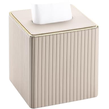 KINGFOM Square Tissue Box Cover, PU Leather Tissue Box Holder for Kleenexs with Magnetic Bottom Cover for Facial Tissues/Napkins, Office & Living Room Decor Box Beige